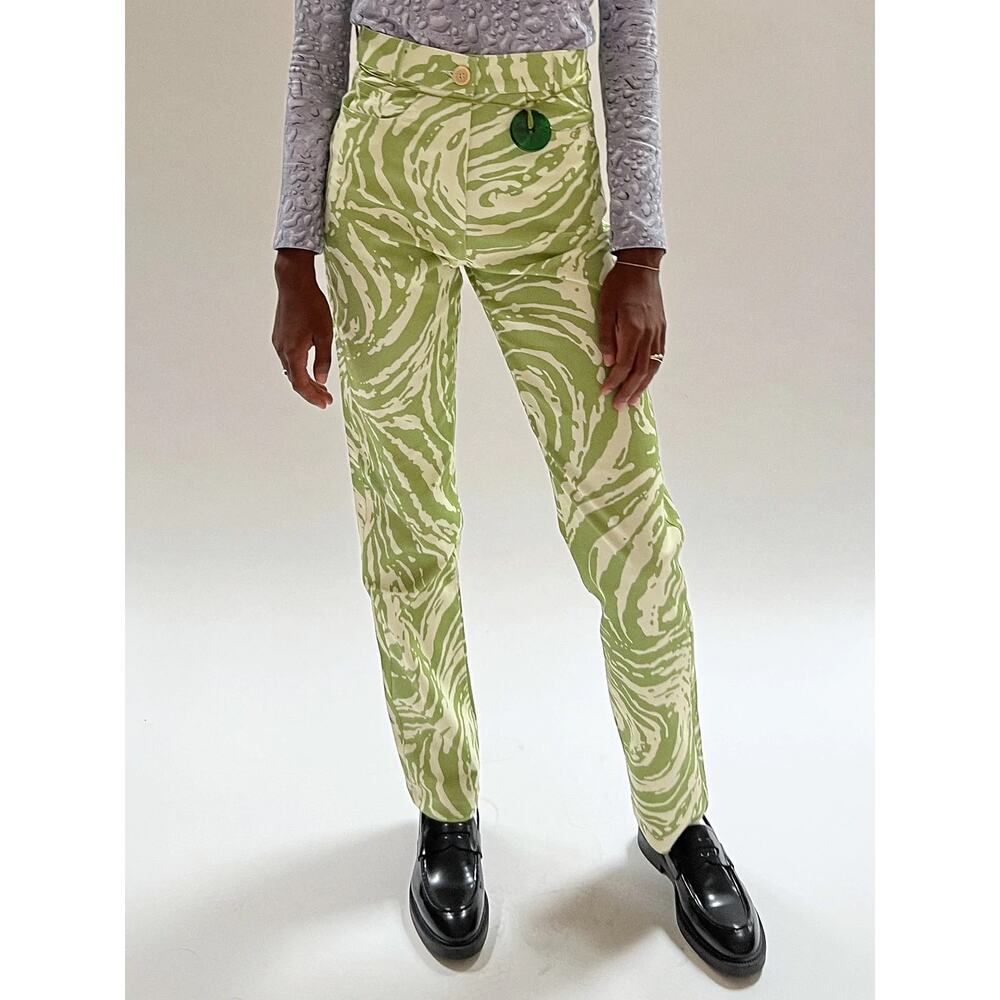 Vatka Vatka Pants Lokum Green & Cream Swirl Printed Straight Leg Trousers Size 4